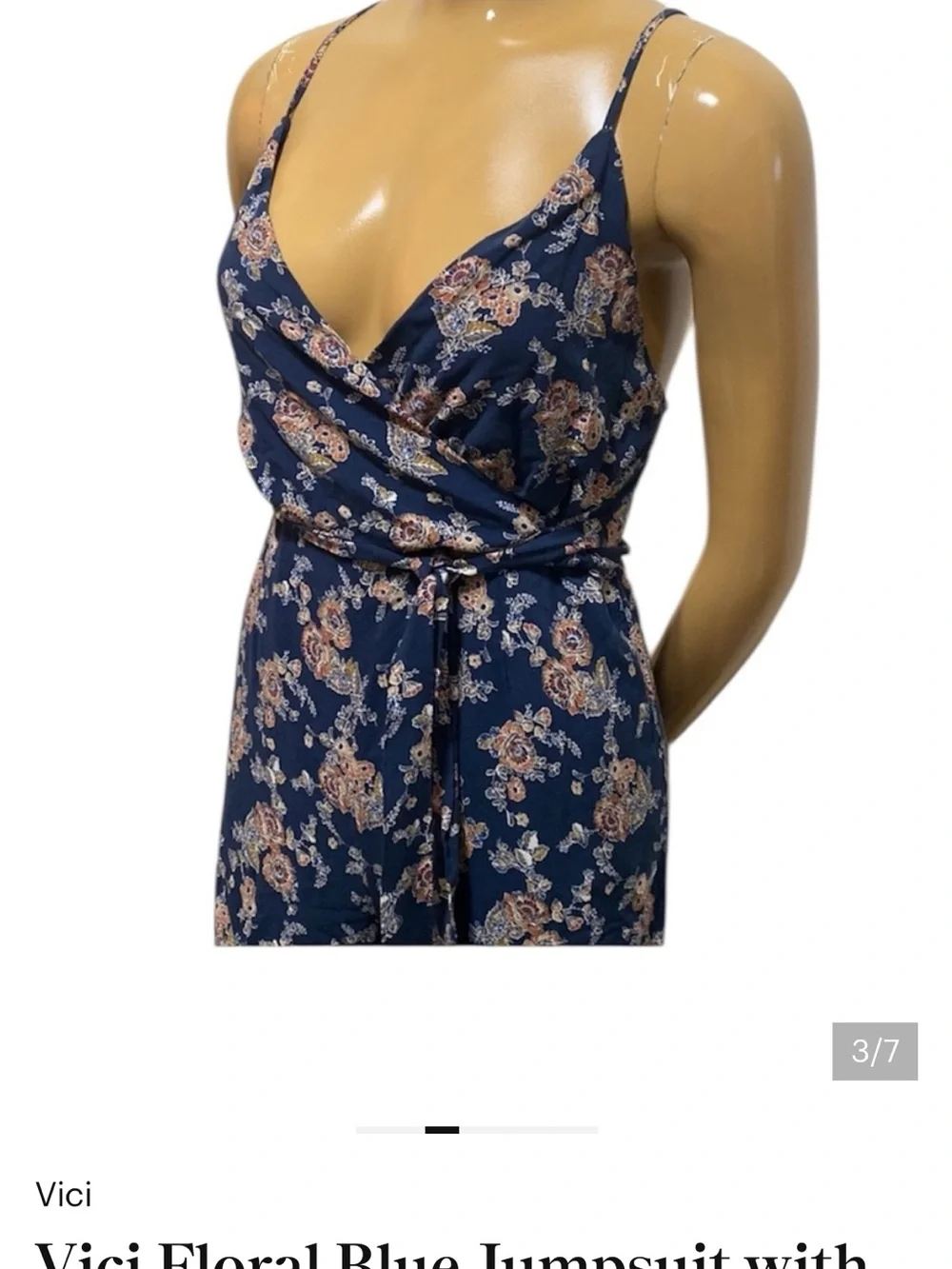 VICI Floral Wide Leg Jumpsuit Navy Blue Boho Wrap Tie Size M - Picture 5 of 8